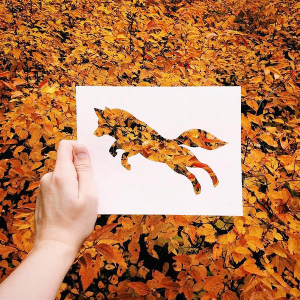 L'artiste qui colore les silhouettes d'animaux avec des feuilles d'automne (et pas que)