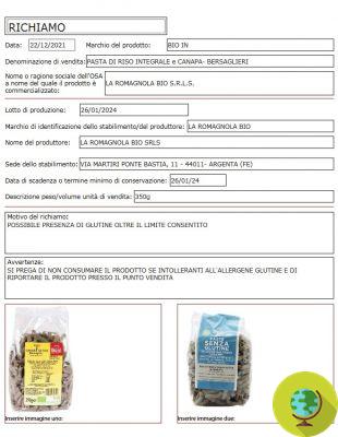 Organic pasta, recall for the possible presence of gluten
