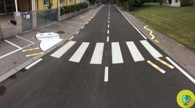 Cat-shaped zebra crossing for kindergarten children to cross