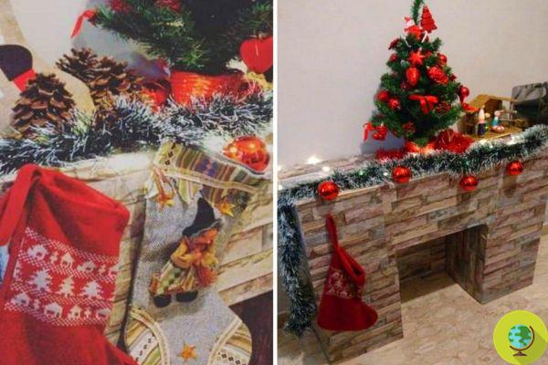 Fake Christmas fireplace: how to make it by recycling with boxes