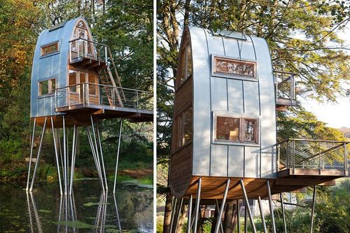 Treehouse: Solling, the tree house that rises above the pond like a stilt house