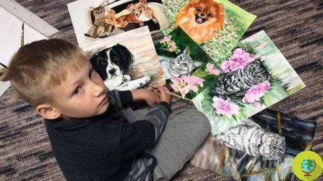 Este menino de 9 anos pinta fotos de cães e gatos em troca de ração abandonada