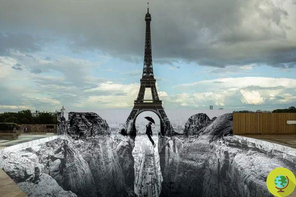 A ilusão de ótica da Torre Eiffel pairando sobre a ravina que surpreende Paris