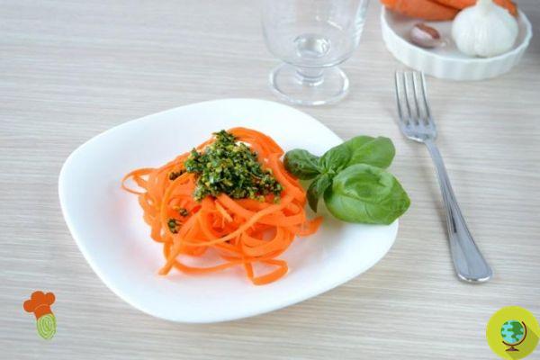 Carrot spaghetti with basil and pistachio pesto [quick and fresh raw recipe]
