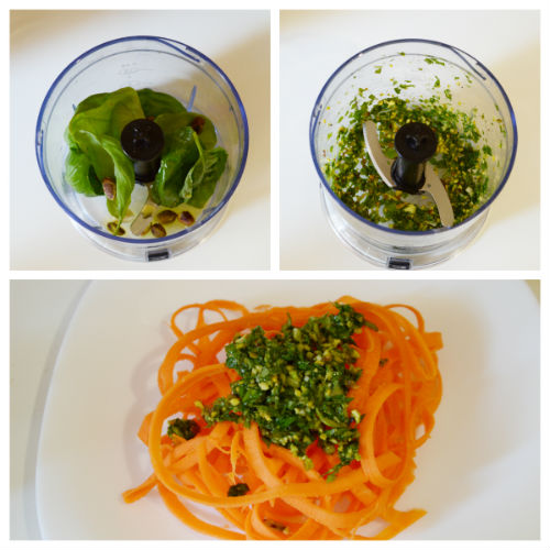 Espaguetis de zanahoria con pesto de albahaca y pistacho [receta cruda rápida y fresca]