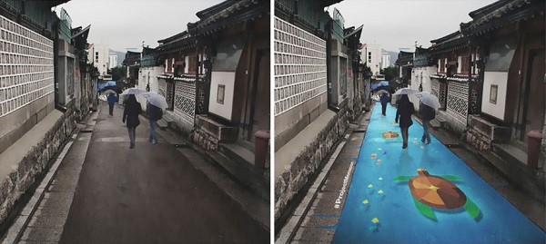 Arte callejero que aparece solo en días de lluvia