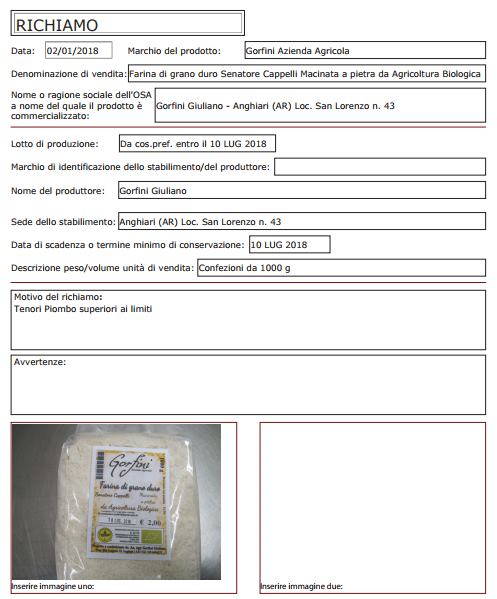 Organic durum wheat flour withdrawn due to the presence of lead