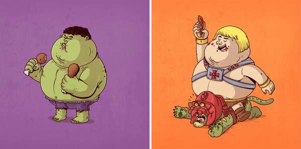 Famous Chunkies: when comic book superheroes become obese. Illustrations by Alex Solis