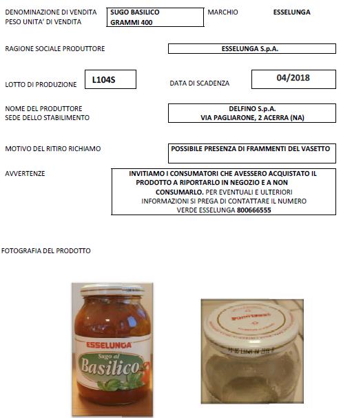 Alerta alimentaria: Esselunga retira salsa de tomate. Fragmentos de vidrio en el interior