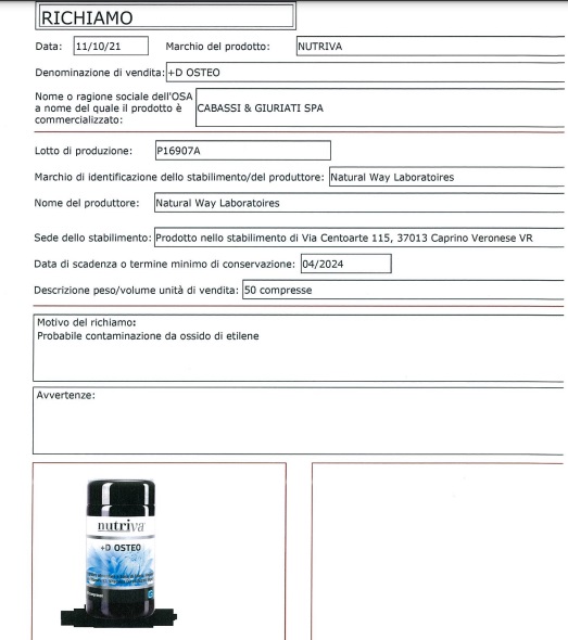 Recalled this well-known supplement based on vitamin D due to the presence of ethylene oxide