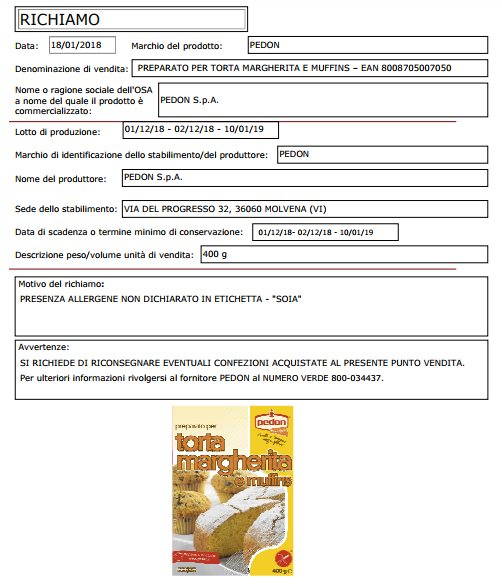 Preparado retirado para tortas Pedon: soja no declarada en la etiqueta
