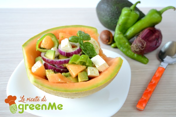 Melon salad with feta, avocado and friggitelli