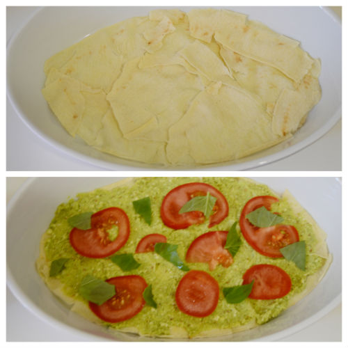 Lasagne froide sans cuisson au pesto de courgettes, tomates et pain carasau