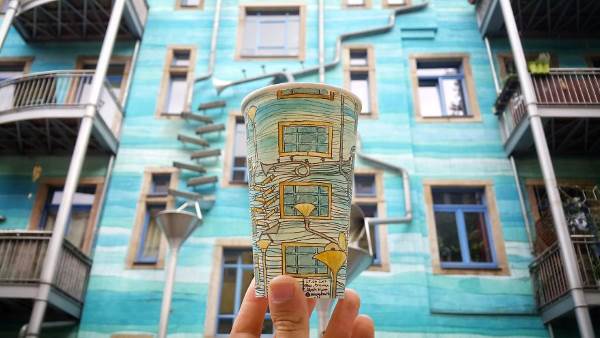 The artist who reproduces works of art in… disposable coffee cups