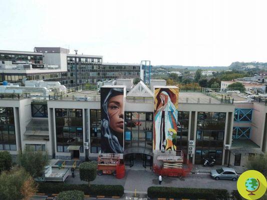 Jorit's giant murals made with the help of autistic children color the hospital in Pozzuoli (Naples)