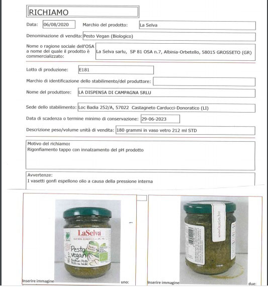 La Selva organic vegan pesto recalled by swelling of the cork and alteration of the pH