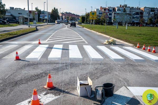 A ilusão de ótica de uma passagem de pedestres 3D para salvar pedestres de acidentes