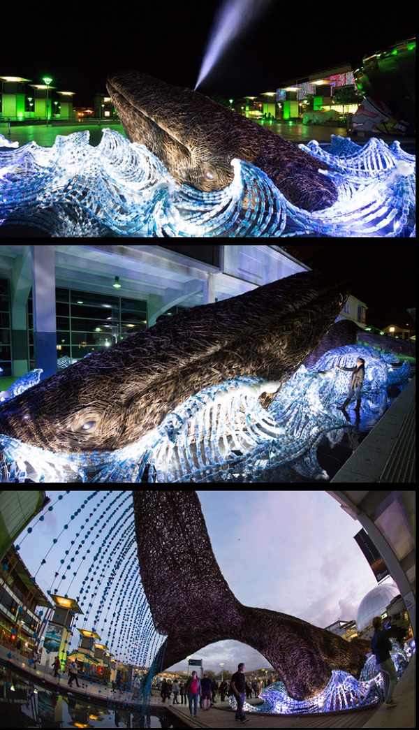 Las espectaculares ballenas hechas con 70 mil botellas de plástico, contra los desechos en el mar (VIDEO)