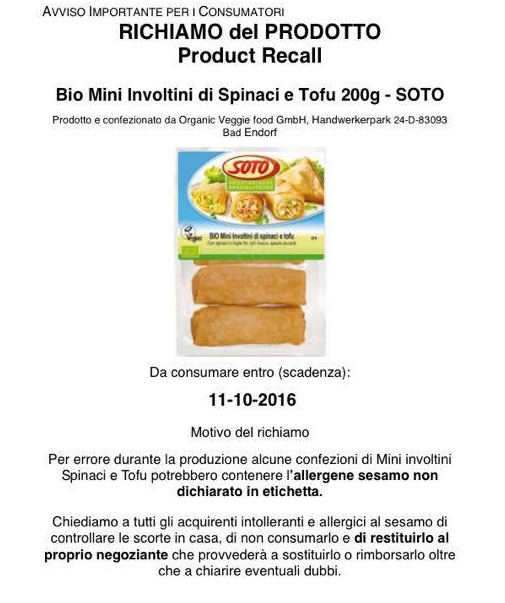 Naturasì withdraws organic spinach rolls due to the risk of allergic reactions