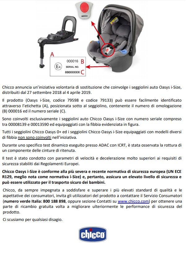 Chicco car seat dangerous: does not pass crash tests. Model and lot withdrawn