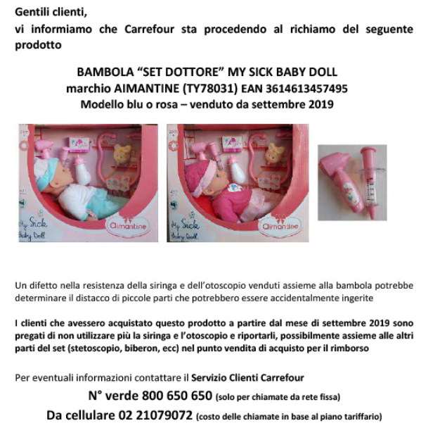 Conjunto de boneca e médico coletado nas lojas do Carrefour: risco de asfixia