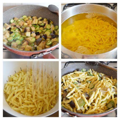 Cold saffron pasta with courgettes and aubergines
