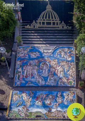 Michelangelo's Last Judgment reproduced on the steps of Terme Vigliatore in the traditional infiorata
