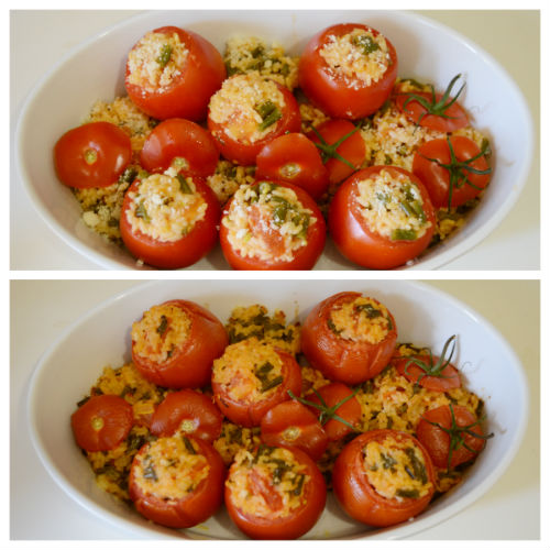 Tomates recheados com arroz e feijão verde